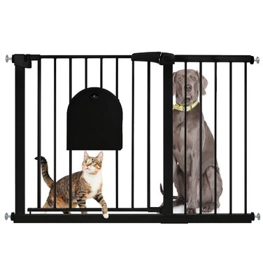 Захисні сітки для воріт з дверцями для котів, автоматичне закриття, сітка для сходів, захист від собак та дітей, розширювана, без свердління, чорний (105-115 см)