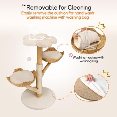 Кігтеточка BingoPaw Modern для котів: дерев'яна кігтеточка 111 см з 2 кошиками з лози, сизалевим стовпом, платформою та плюшевим м'ячиком. Велика кігтеточка-вежа для кількох котів.