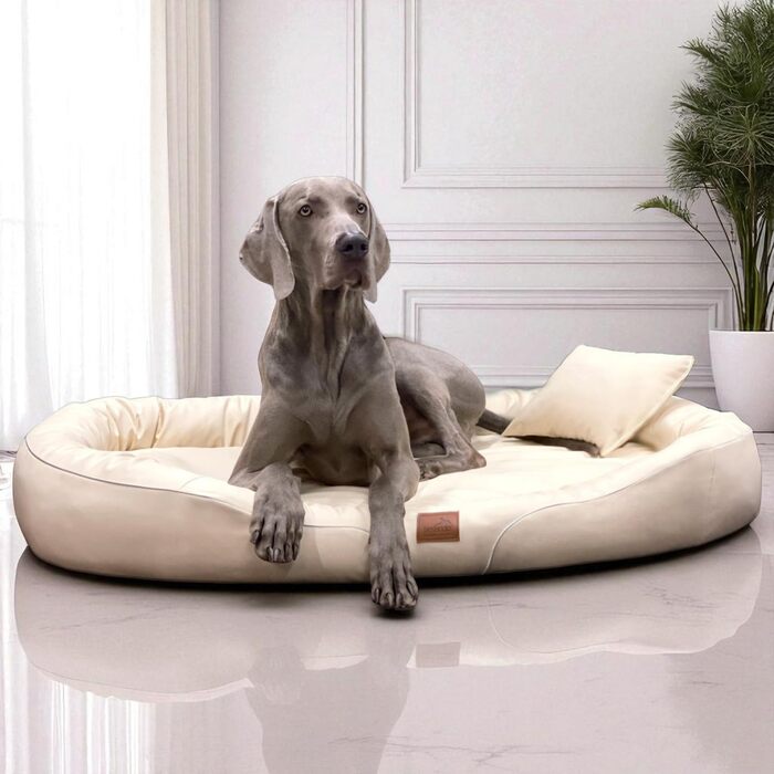 Ортопедичне ліжко для собак Tierlando® Tiffany Easy CLEAN з екошкіри – для великих собак (XL XXL) – гіпоалергенне з анти-волосяною поверхнею та Memory Foam – розмір: 115x90 см, колір: 05 Creme