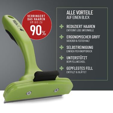 Гребінець для вичісування підшерстя ReaVET для собак та котів з короткою шерстю, середніх порід. Видаляє підшерстя, доглядає за верхнім шаром шерсті, з кнопкою самоочищення. Ідеально для сезонного линяння. (Великий, L)