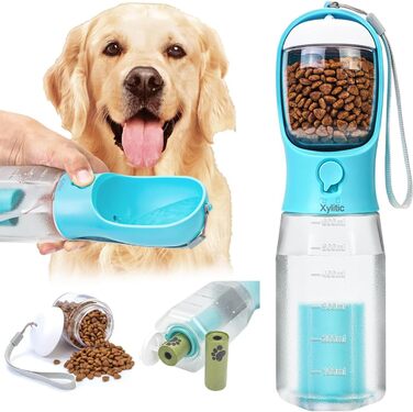 Водяна пляшка для собак Xylitic 3-в-1 з контейнером для корму та пакетиками для відходів, 590 мл, блакитна