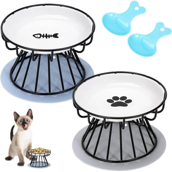 Набір мисок для котів з кераміки з металевим підставкою (2 шт.) - підняті миски для годування котів, неслизькі миски, сучасний дизайн