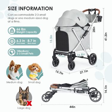 Візок для собак Beberoad Pets X6 - сірий, для собак середніх розмірів до 30 кг, складаний, з амортизацією, для подорожей