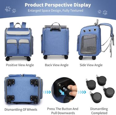PETCUTE Рюкзак-переноска для котів та собак з візком 2 в 1 до 11 кг, складаний, з підкладкою, багатофункціональний, дихаючий, для подорожей (Блакитний)