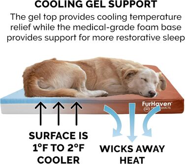 Гірчичне водовідштовхуюче ліжко для собак Furhaven з охолоджуючим гелем, розмір L (76x51x8 см), для собак до 15,9 кг, знімний, пральний чохол, для дому та вулиці