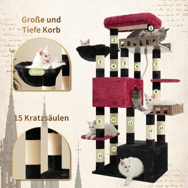 Котячий будиночок Kratzbaum: великий, з гамаком, 2 печери, 15 стовпчиків для дряпання (174см, чорний та червоний)