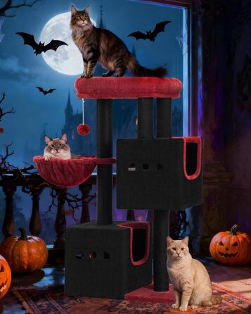 Дерево для кігтів Hzuaneri, 98 см, зі стійкою основою, з лежаком, будиночком для котів, сизалевими стовпчиками, кошиком та іграшками, меблі для котів, ігровий комплекс, MS07618LG (55 x 30 x 98 см, Чорний/Червоний)