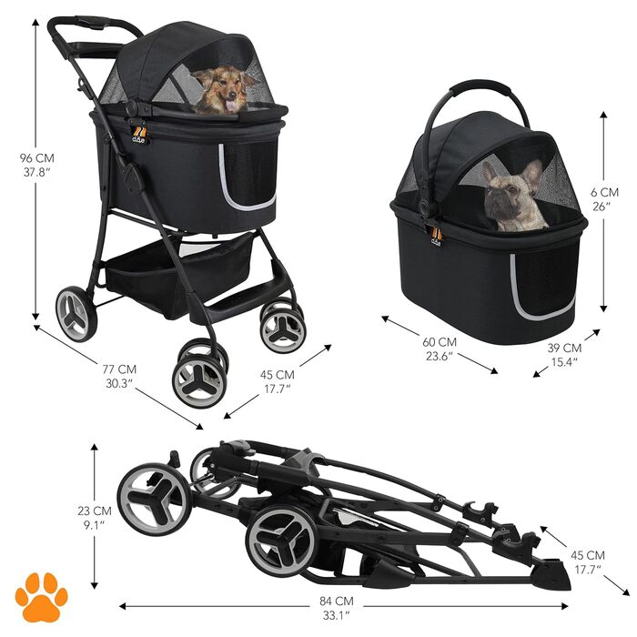 Візок для собак CECE 2 в 1 з переносною коробкою | Складаний візок-коробка для собак з додатковим кошиком для покупок | Використання як візок або безпечний переноска – Меланж (Чорний)
