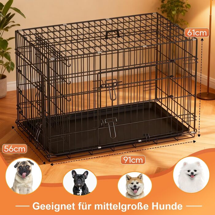Клітка для собак BestOffice, розкладний, з 2 дверцятами, висувний піддон, ручка, переноска для собак, 61x42x48 см, S, чорна