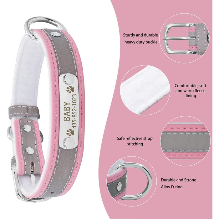 Персоналізоване світловідбиваюче нашийник та поводок для собак Senristar з гравіюванням, для малих, середніх та великих собак та котів (M, ширина 2,0 см, обхват шиї 28-36 см), рожевий комплект