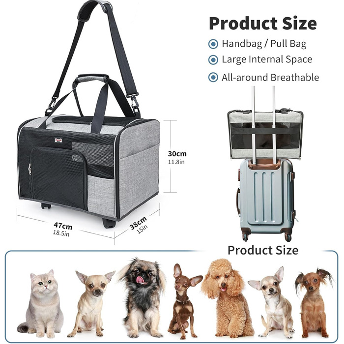 Транспортний бокс для котів та собак PETCUTE, складаний, з килимком, бічні кишені, з колесами, для подорожей та кемпінгу, сірий