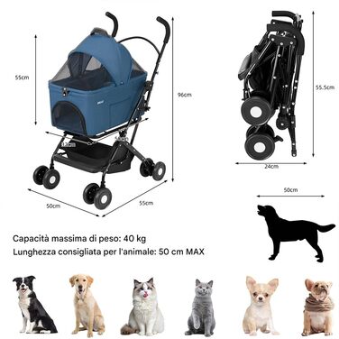Дитячий візок для тварин BAKAJI 2 в 1, 40 кг, складний, знімний кокон, візок для собак та котів з кошиком для зберігання (блакитний)