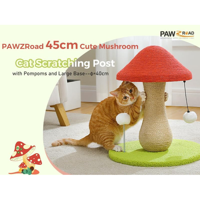 Дерев'яний котячий дряпач-гриб PAWZ Road з 100% сизалем і помпонами, іграшка для домашніх котів