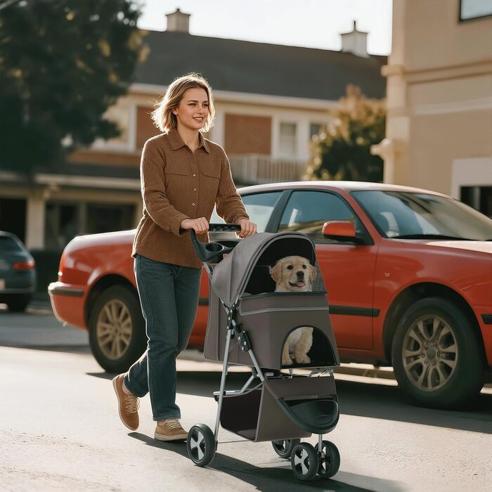 Візок для тварин: для собак та котів, 3 колеса, складна конструкція, з кошиком та тримачем для напоїв