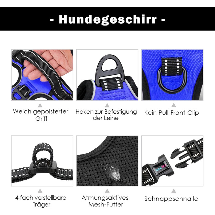 Шлейка для собак PHOEPET, регульована, для прогулянок, з карабіном, світловідбиваючими смугами, ручкою, для малих та великих собак (S, Королівський синій)