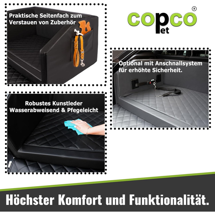 Автомобільне ліжко для собак CopcoPet: захист багажника, чорне, 90x55x38 см, штучна шкіра, водовідштовхувальне, стійке до подряпин