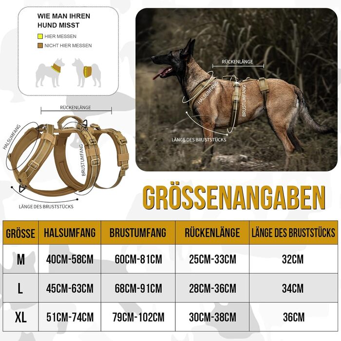 OneTigris HOUNDLOCK Тактичне шлейка для собак, надійна, регульована, з м'якою підкладкою, з ручкою, 2D-кільцями та світловідбиваючими елементами (M, L:27-41кг, обхват шиї 45-63см, обхват грудей 68-91см), Колір: Коричневий