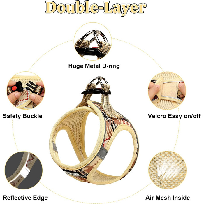 Нашийник для собак маленьких порід з повідком, анти-тягнучий, світловідбиваючий, дихаючий, нагрудник для цуценят (Бежевий, S, Обхват грудей: 29-33 см)