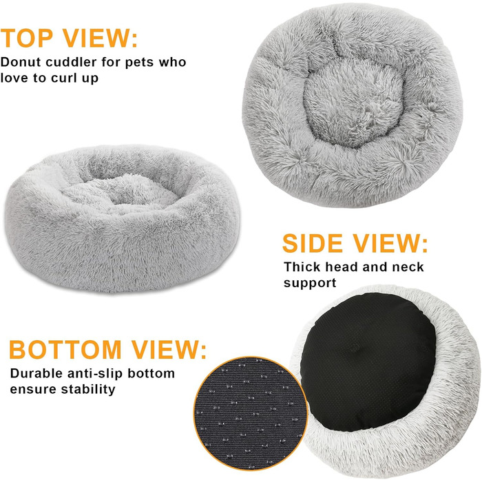 М'яке ліжко для собак та котів у вигляді пончика, плюшеве, 80 см, сірого кольору