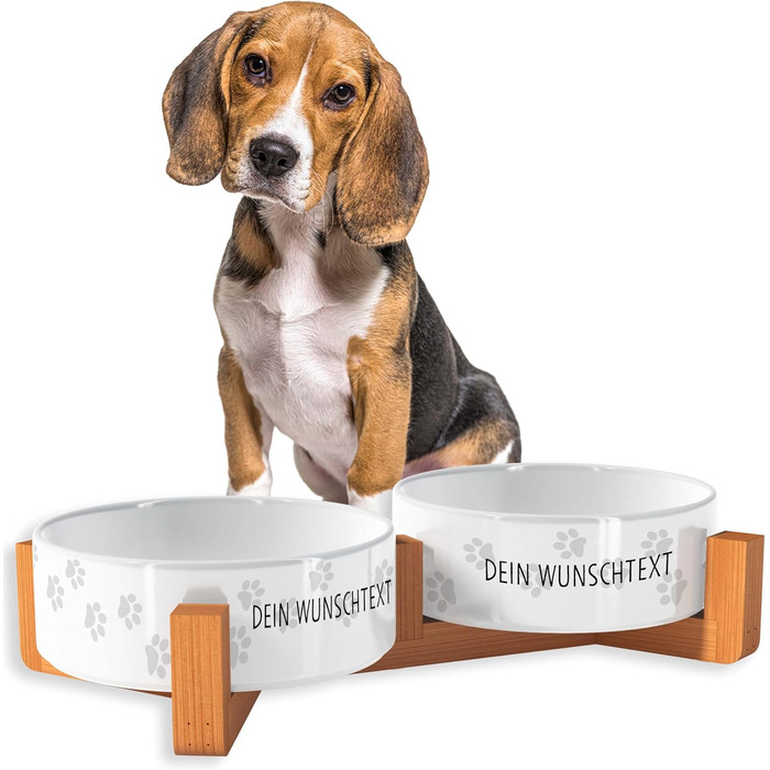 Персоналізована годівниця для собак OWLBOOK з іменем або текстом, подвійний набір мисок з кераміки та бамбуковим каркасом, 300 мл