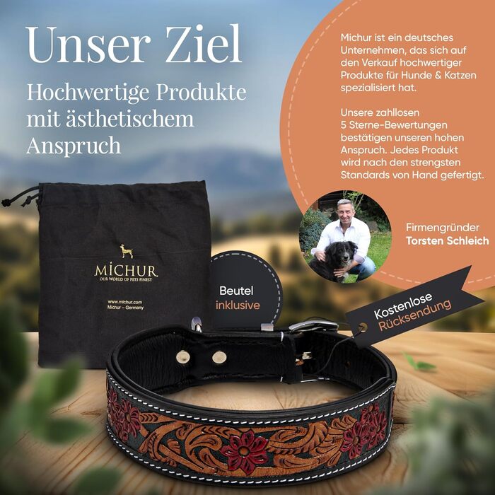 Нашийник для собак MICHUR Flora: шкіряний, з червоним квітковим візерунком, чорний/червоний/коричневий, розміри 51-58,5 см