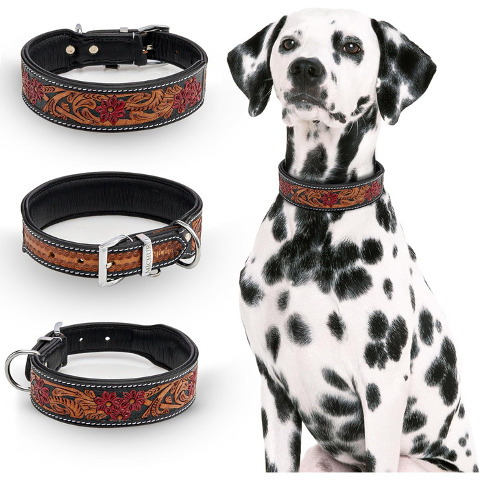 Нашийник для собак MICHUR Flora: шкіряний, з червоним квітковим візерунком, чорний/червоний/коричневий, розміри 51-58,5 см
