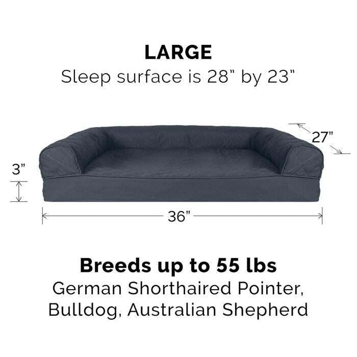 Гіркий собачий лежак Furhaven з охолоджуючим гелевим шаром, плюшевим покриттям та декором у стилі Південно-Західного Келіму, стиль дивану з знімним, пральним чохлом, фіолетово-сірий, розмір L. Охлаждаючий гель, ортопедичний пінополіуретан (91 x 69 x 17 см