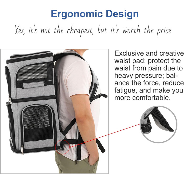 Рюкзак-переноска для котів та собак на 2 тварин, сірий, розширюваний