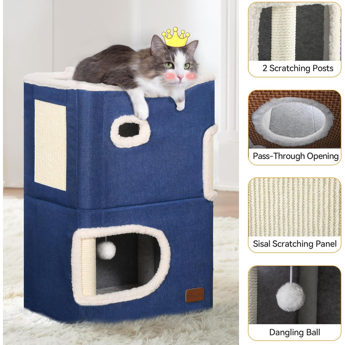 Будиночок для котів YITAHOME, котяче ліжко для домашніх котів, котяча вежа, когтеточка, котяча меблі, м'яке ліжко-ніша, синій