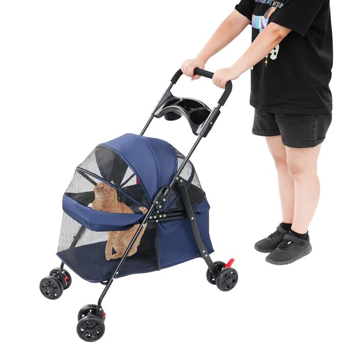 Візок для собак та котів до 18 кг, складаний, легкий, з сітчастими віконцями та 4 колесами