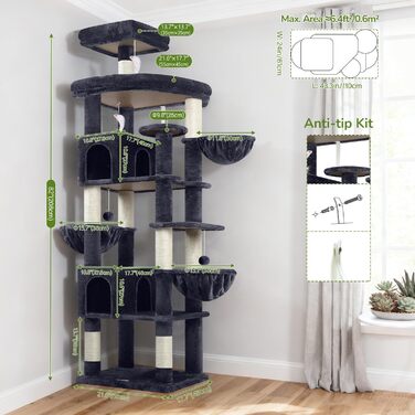 Кігтеточка Globlazer XXL 209 см з 2 будиночками, великою платформою, 3 кошиками, стовпчиками для шліфування, 8 стовпчиками з сизалю, стабільна кігтеточка для кількох котів (темно-сірий)