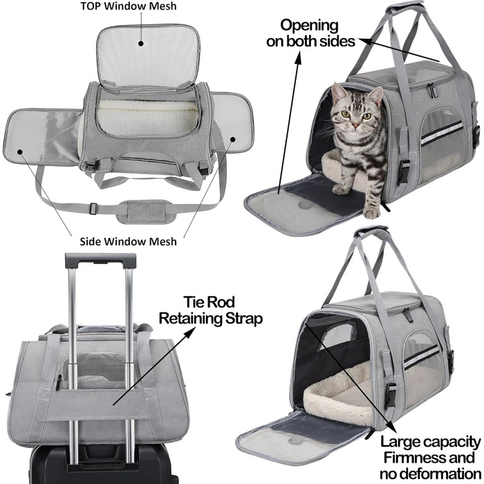 Транспортна сумка для тварин, сіра, 44x25x28 см, з плюшевою подушкою, переноска для кота/собаки, портативна, на блискавці