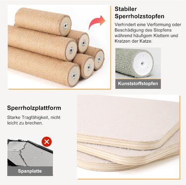 Драбина-кіготь для котів FUKUMARU, 4 яруси, до стелі (251-274см), кріпиться до стіни, з джутової тканини та зручною гамаком, бежева