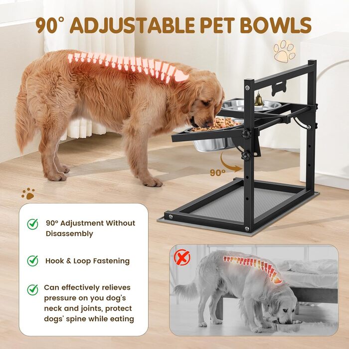 Підвищена годівниця для собак Sunowl, регульована по висоті та куту нахилу, 0-90°, 2 миски з нержавіючої сталі, повільне годування, не проливається, з килимком