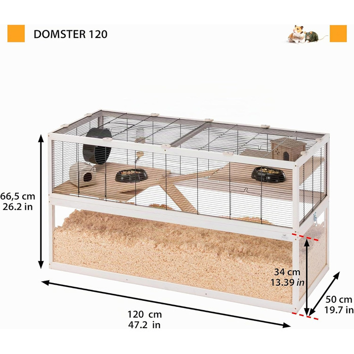 Клітка Ferplast Domster для хом'яків та мишей, 3 поверхи, з аксесуарами, метал/дерево FSC, прозора база 120x50x67 см