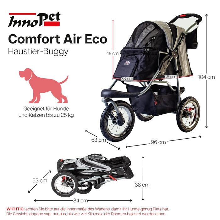 Візок для собак Innopet Comfort Air Eco чорного та срібного кольору – візок для собак/кішок з 30 см повітряними колесами, складаний, для лісових доріжок, світловідбиваючі смуги, органайзер, матеріал з переробленого нейлону