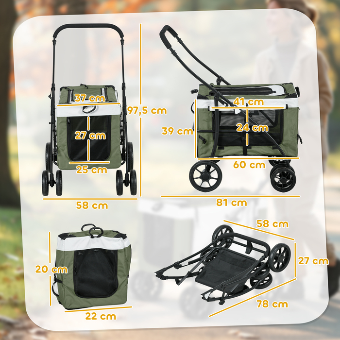 PawHut 2 в 1 Коляска для собак Dog Buggy Складна для собак і кішок до 10 кг Cat Buggy з подушками Сітка Вікна Двері Кошик для зберігання Котяча коляска Баггі Темно-зелений | Аосом