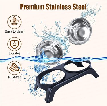 Підвищені миски для котів Befoco, проти блювоти, набір з 2 мисок з нержавіючої сталі, запобігає болю в шиї, миски для котів з ABS-пластику, антиковзний підставник, для котів, чорний колір