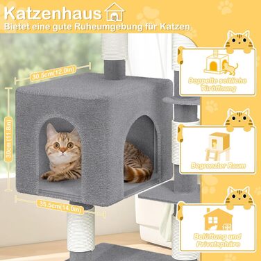 Драбина-кіготь для котів Naizy K1276, сіра, 49x41x93 см - XXL, з сизалевими стовпцями та будиночком