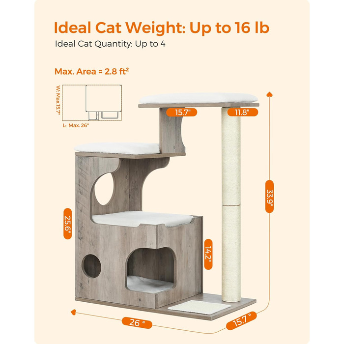 Котячий комплекс Feandrea WoodyWonders UPCT070G01, 86 см, сучасний котячий будинок-турнікет з 3 сидіннями, кігтеточка, мат, будиночок, 4 знімні пральні подушки, сіро-білий