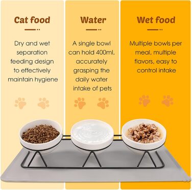 Набір мисок для котів Vikcvcs (3 шт.) з підставкою, кераміка, силікон, 15° нахил, ергономічні, для котів та маленьких собак