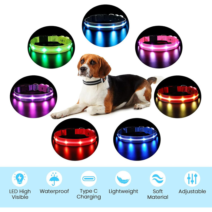 Світлодіодне нашийник для собак Masbrill з підзарядкою, 7 кольорів RGB, 8 режимів свічення, регульований, водонепроникний, для собак малого, середнього та великого розміру, чорний, розмір M