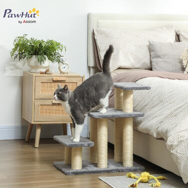 Сходинки для собак PawHut - 3 сходинки, 54 см, сірі. Сходи для маленьких собак та котів з сизалевим покриттям, м'ячик, допомога для заходження на ліжко, диван, в автомобіль