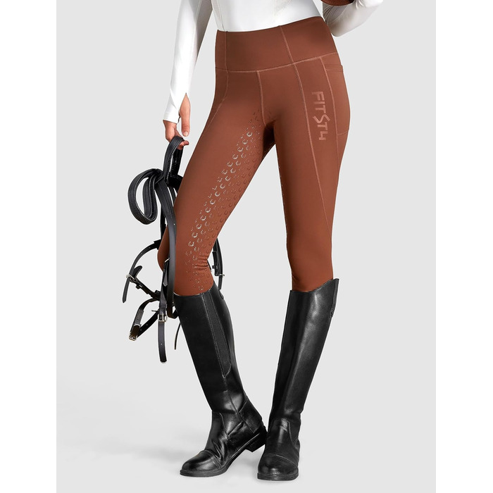 Легінси для верхової їзди зимові жіночі FitsT4 з силіконовим повним покриттям, флісовою підкладкою, кишенею для телефону та петлями для ременя (M, Іржаний)
