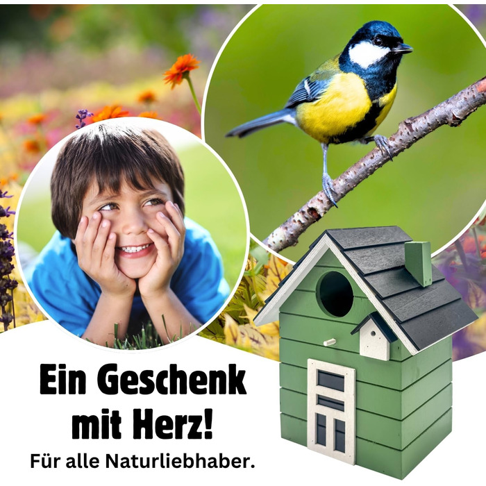 Пташник Vogelhaus No.64 - ідеальне місце для малих птахів (синиць, зябликів, сніжників). Підходить для декору інтер'єру та як гніздовий будиночок на вулиці. Темно-зелений колір.