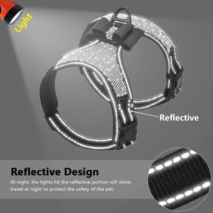 Брелок для собак з блискітками, м'якими діамантами, світловідбиваючими елементами, для хлопчиків та дівчаток, Roa, розміри S, M, L, чорний