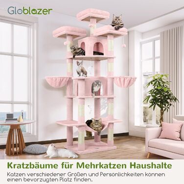 Розкішна когтеточка Globlazer XXL для великих і кількох котів, 204 см, з будиночками, гамаками та м'якими сидіннями (рожева)