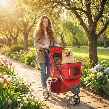 Складаний візок для собак (buggy) з кошиком, подушкою, сітчастим вікном та підстаканником для малих порід до 10 кг, червоний