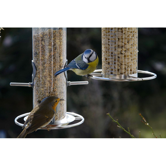 Годівниця для птахів Dobar® 10041 з нержавіючої сталі - годівниця для диких птахів, годівниця для горіхів з сіткою - сталева годівниця для саду/тераси/балкону, Ø 14 см x 26 см, срібна, 1 шт.