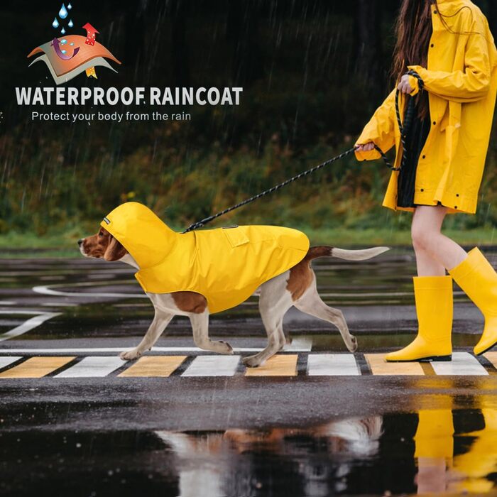 Регенмантель Idepet для собак з отвором для нашийника: водонепроникний, світловідбиваючий, вітронепроникний, пончо, дощовик з капюшоном для маленьких, середніх та великих собак (4XL, жовтий)